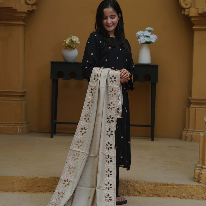 BEIGE WOOL SHAWL WITH CUTWORK - HS006