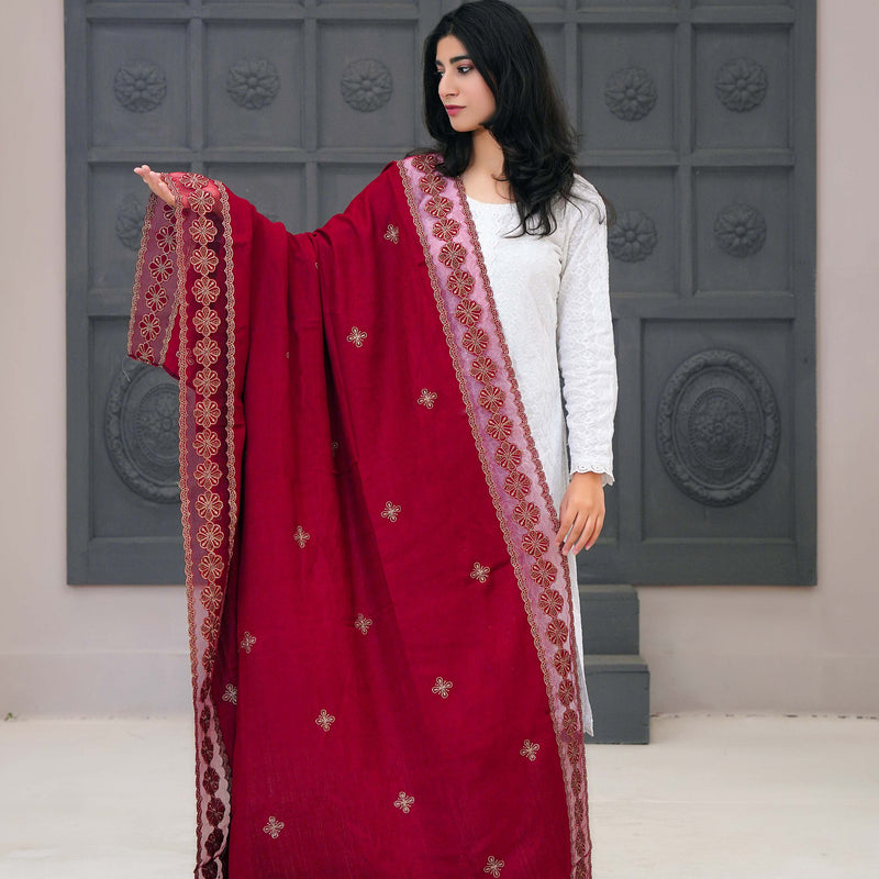 MAROON VELVET SHAWL WITH ORGANZA BORDER - HS005