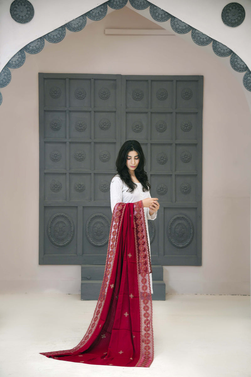 MAROON VELVET SHAWL WITH ORGANZA BORDER - HS005