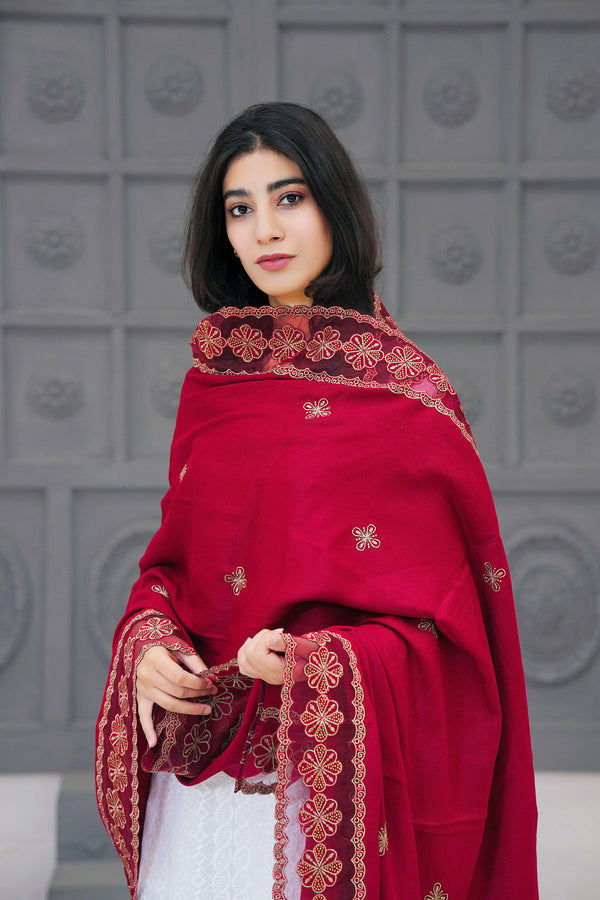 MAROON VELVET SHAWL WITH ORGANZA BORDER - HS005