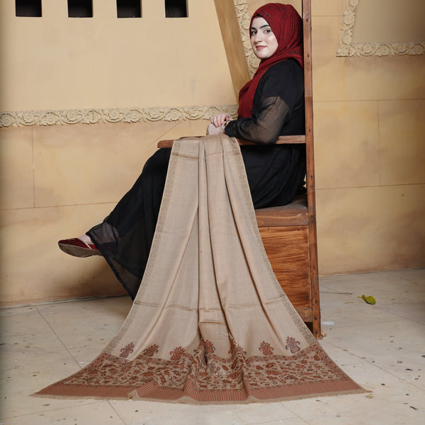 BEIGE PASHMINA WOOL SHAWL WITH BORDERS - HS016