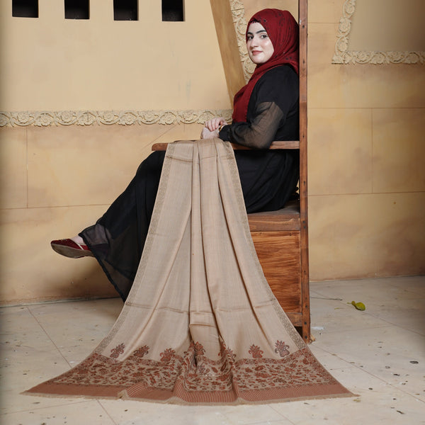 BEIGE PASHMINA WOOL SHAWL WITH BORDERS - HS016