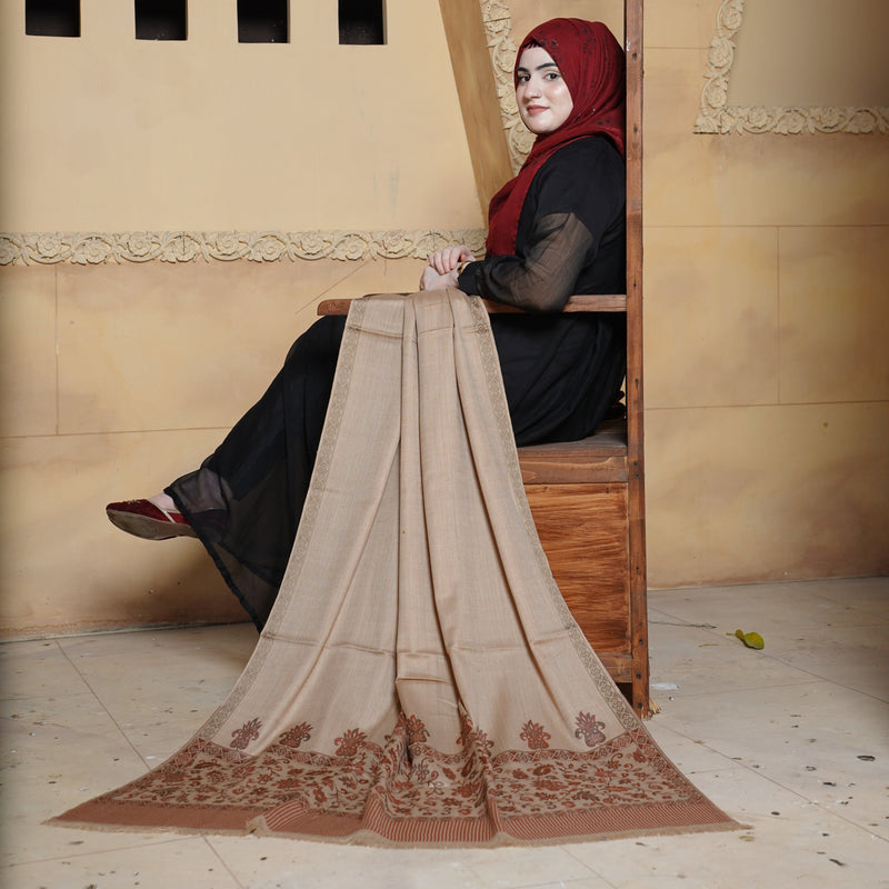 BEIGE PASHMINA WOOL SHAWL WITH BORDERS - HS016